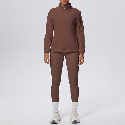Skinny High Waist Hip Lift Nude Feel & Long Sleeve Zipper Fleece Padded Coat Two-Piece Suit