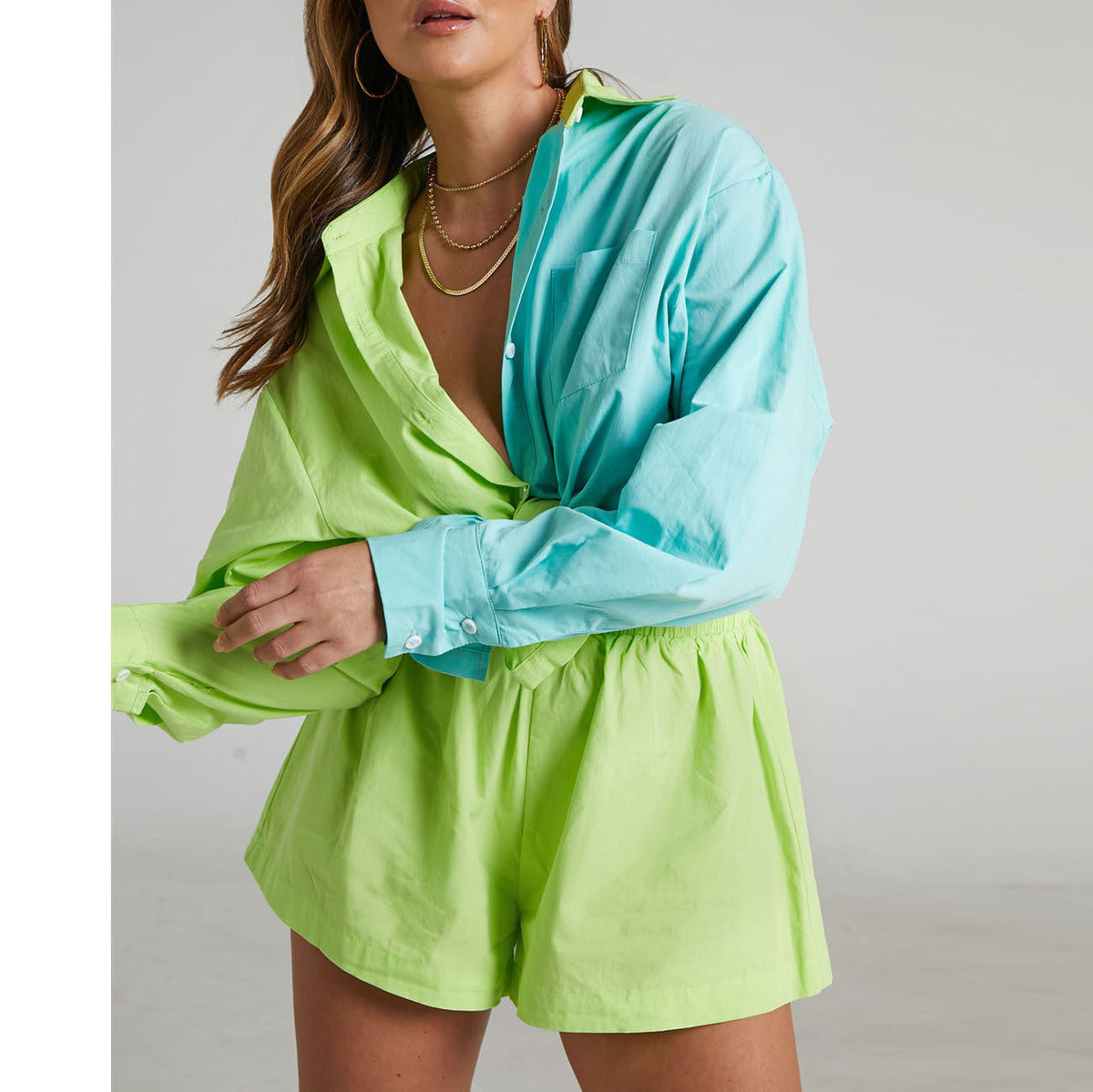 Two Piece Set Solid Color Single Breasted Long Sleeve Collared Shirt Shorts Loose Casual Set
