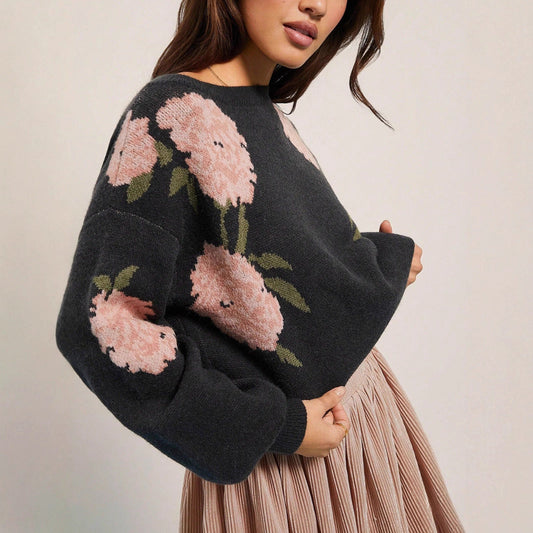 Idle Simple Plant Floral Round Neck Loose Knitwear