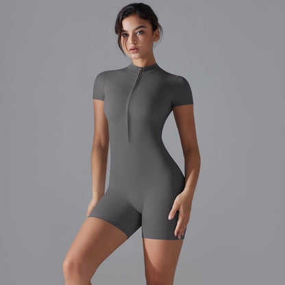 Zipped Short Sleeve Slim Fit One-Piece Jumpsuit