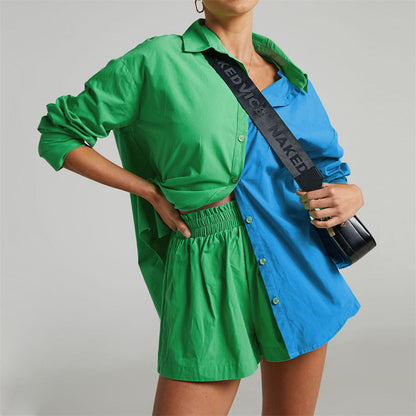 Two Piece Set Solid Color Single Breasted Long Sleeve Collared Shirt Shorts Loose Casual Set