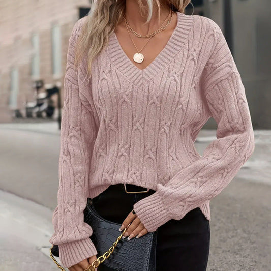 Loose V Neck Twist Thread Solid Color Sweater
