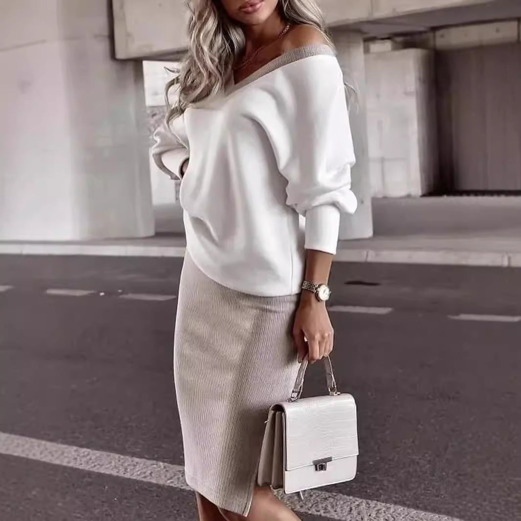 Loose V neck Sweatshirt Pencil Skirt Top Two-Piece Set
