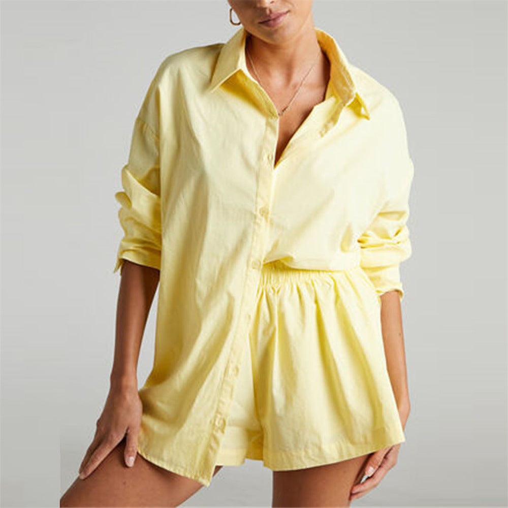 Two Piece Set Solid Color Single Breasted Long Sleeve Collared Shirt Shorts Loose Casual Set