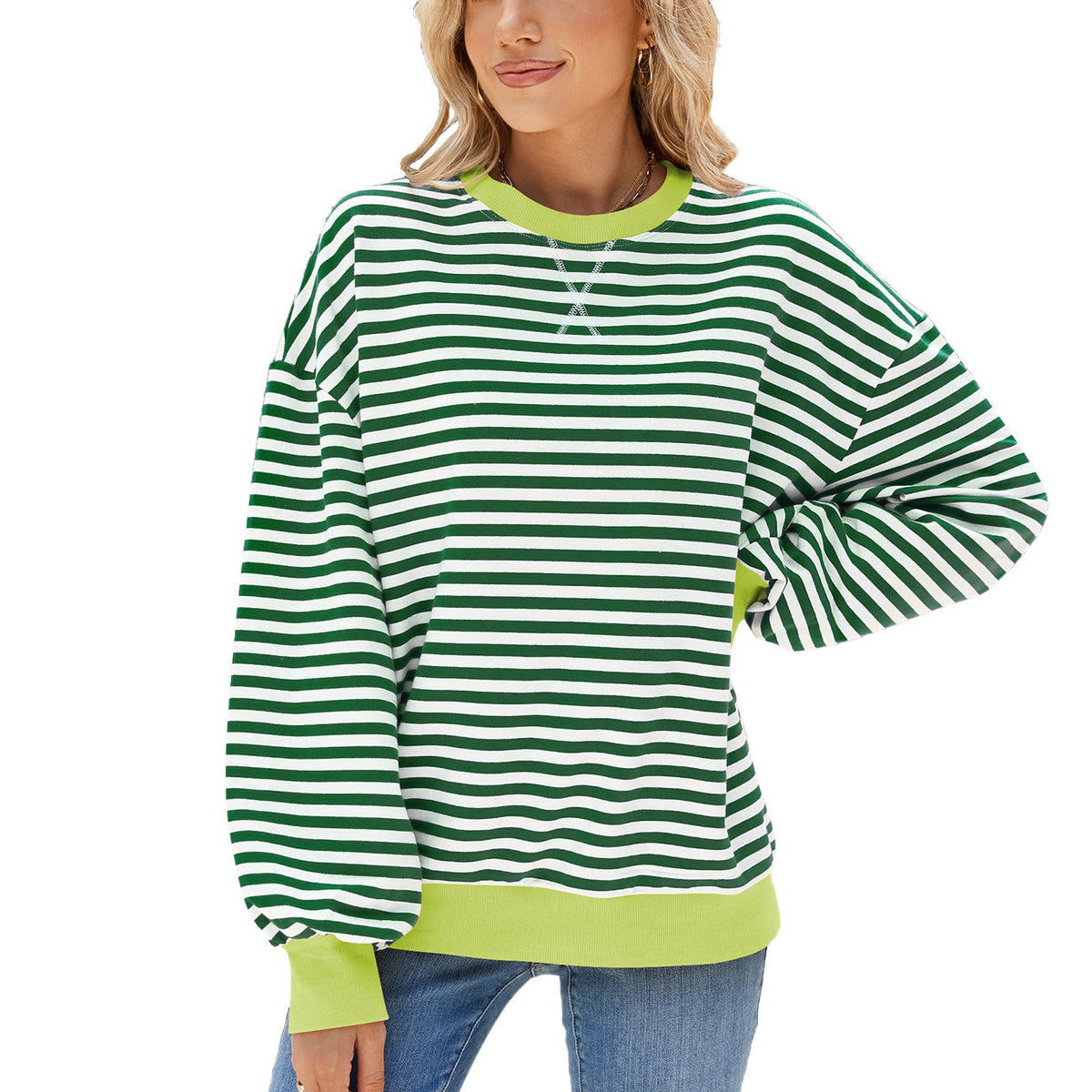 Striped Round Neck Contrast Color Long Sleeve