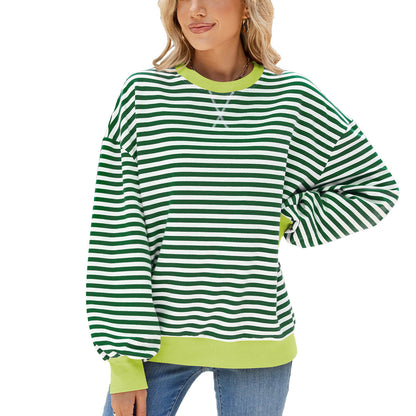 Striped Round Neck Contrast Color Long Sleeve