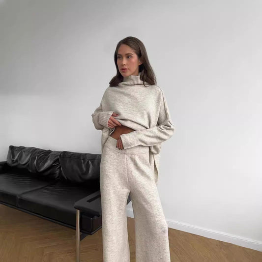 High Neck Split Wool & Knitted Trousers Two-Piece Set
