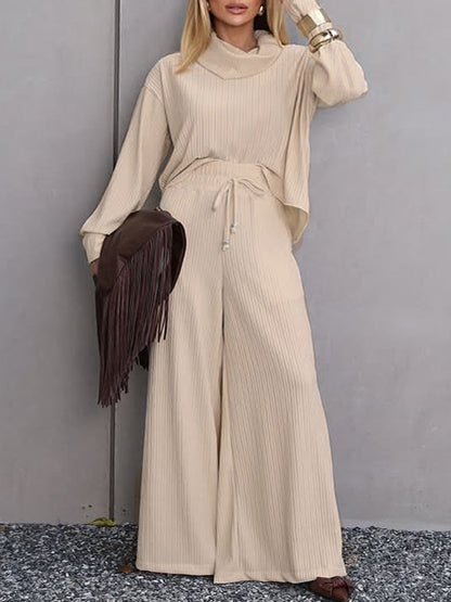 Turtleneck Long Sleeve Wide Leg Trousers Casual Two-Piece Set