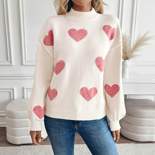 Inner Love Jacquard Loose Fitting Half High Collar Long Sleeve Sweater