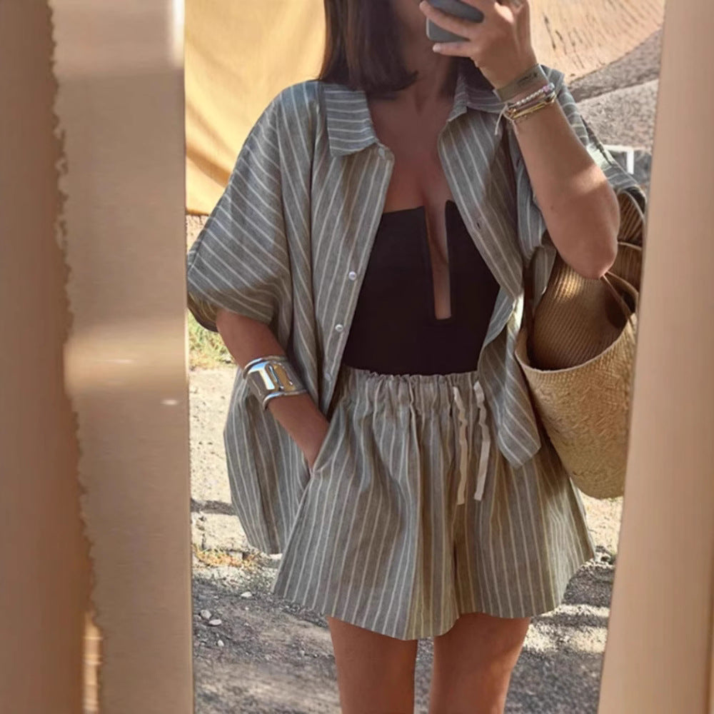 Short Striped Shirt Pocket Loose Casual Two-Piece Set
