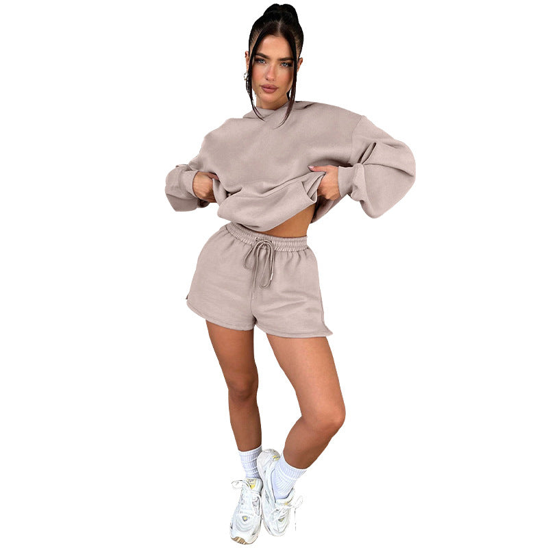 Solid Color Long-Sleeved Hooded Casual Shorts Two-Piece Set