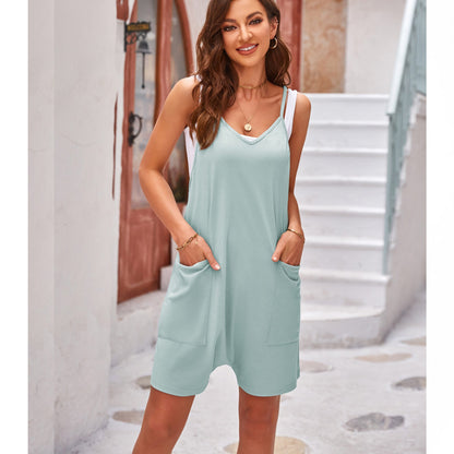 Casual Pocket Spaghetti Straps Knitted Shorts Jumpsuit