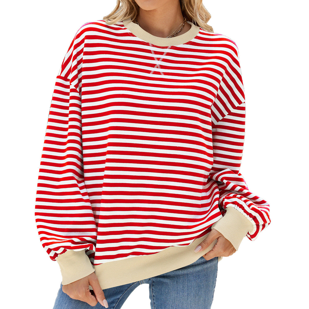 Striped Round Neck Contrast Color Long Sleeve