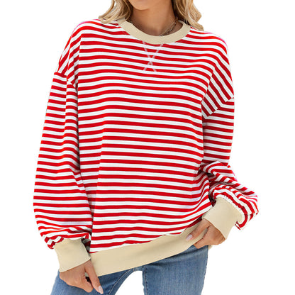 Striped Round Neck Contrast Color Long Sleeve
