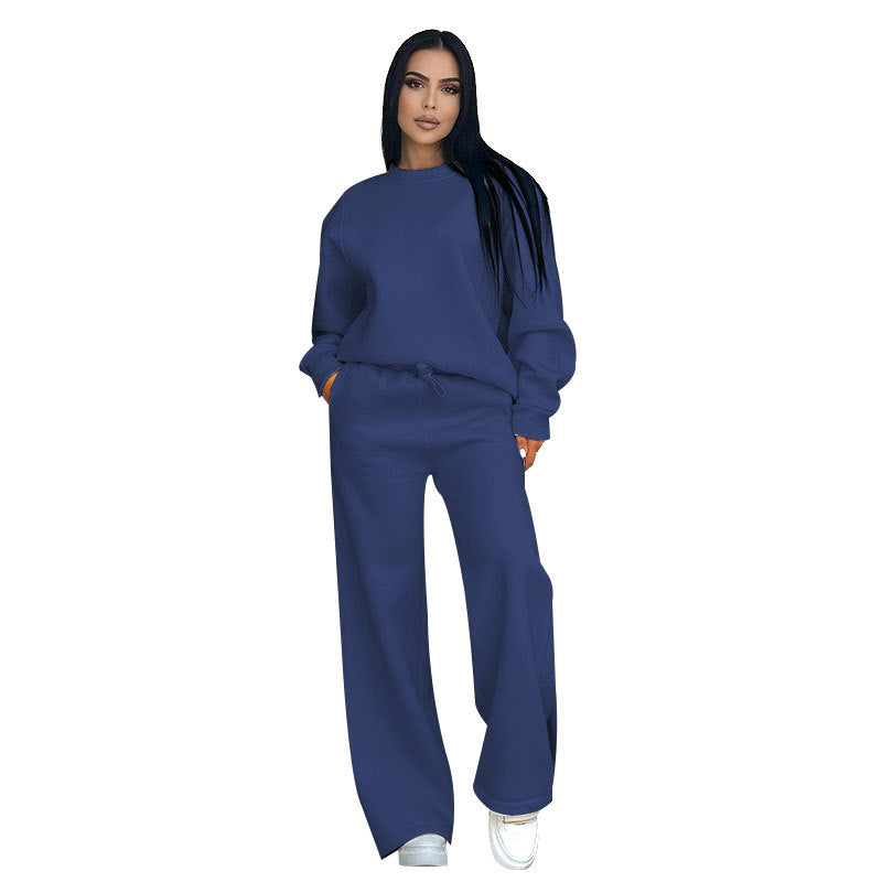 Solid Color Round Neck Long Sleeve Wide Leg Pants Suit