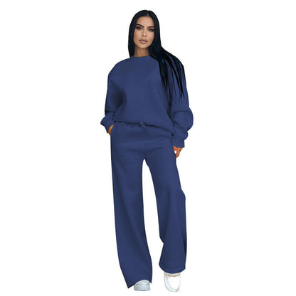 Solid Color Round Neck Long Sleeve Wide Leg Pants Suit