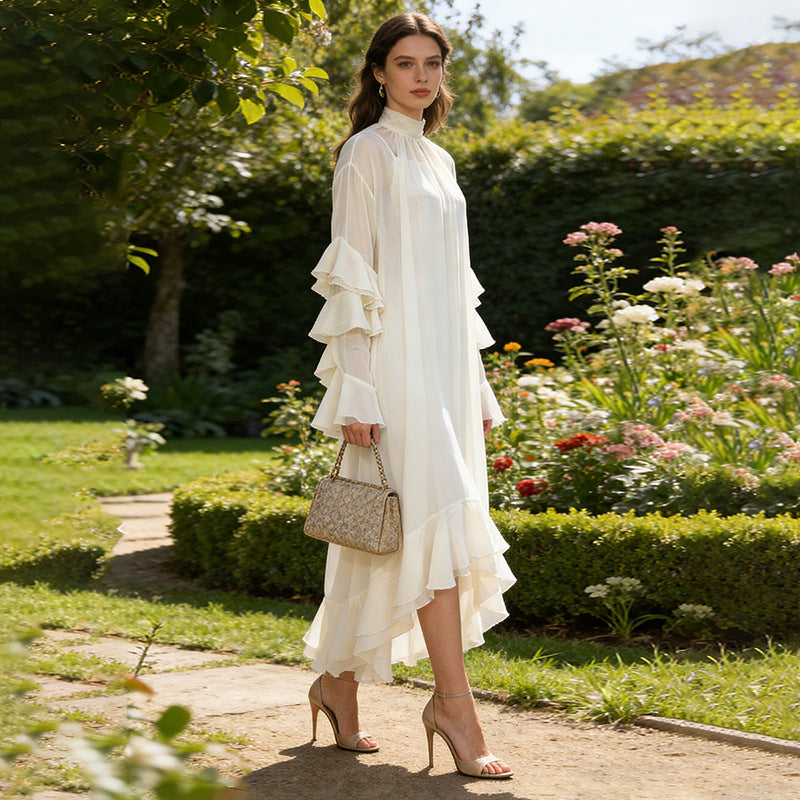 High Neck Ruffled Maxi Dress Bell Sleeve Two-Piece Dress