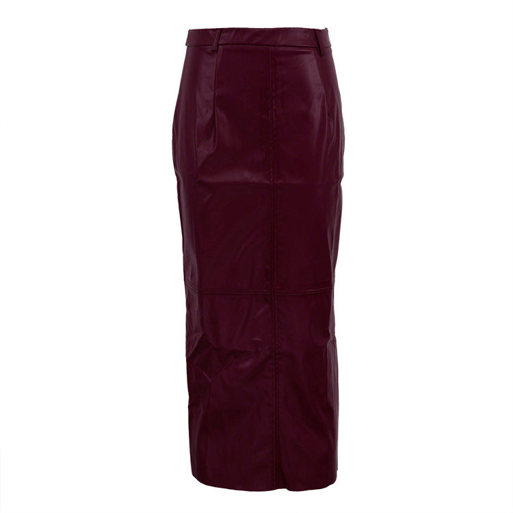 High Waist Split Faux Leather Wine Red Long Sheath Skirt