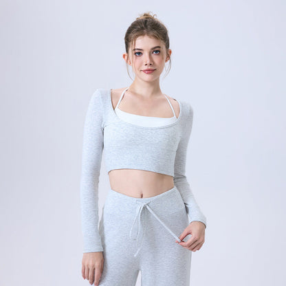 Nude Feel Long Sleeve Semi Fixed Cup Running Sports Bra Breathable Top