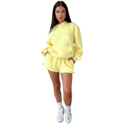 Solid Color Long-Sleeved Hooded Casual Shorts Two-Piece Set