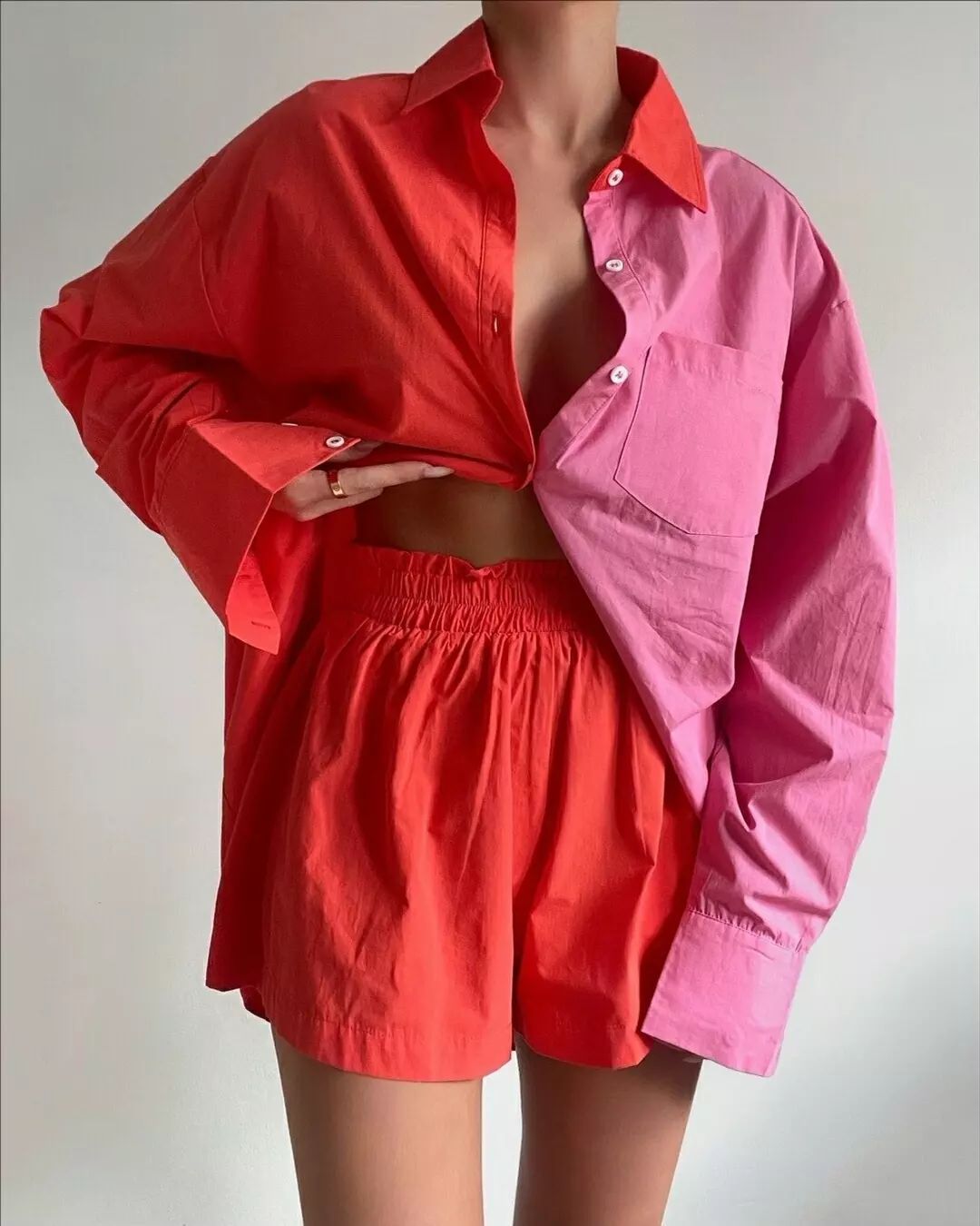 Two Piece Set Solid Color Single Breasted Long Sleeve Collared Shirt Shorts Loose Casual Set