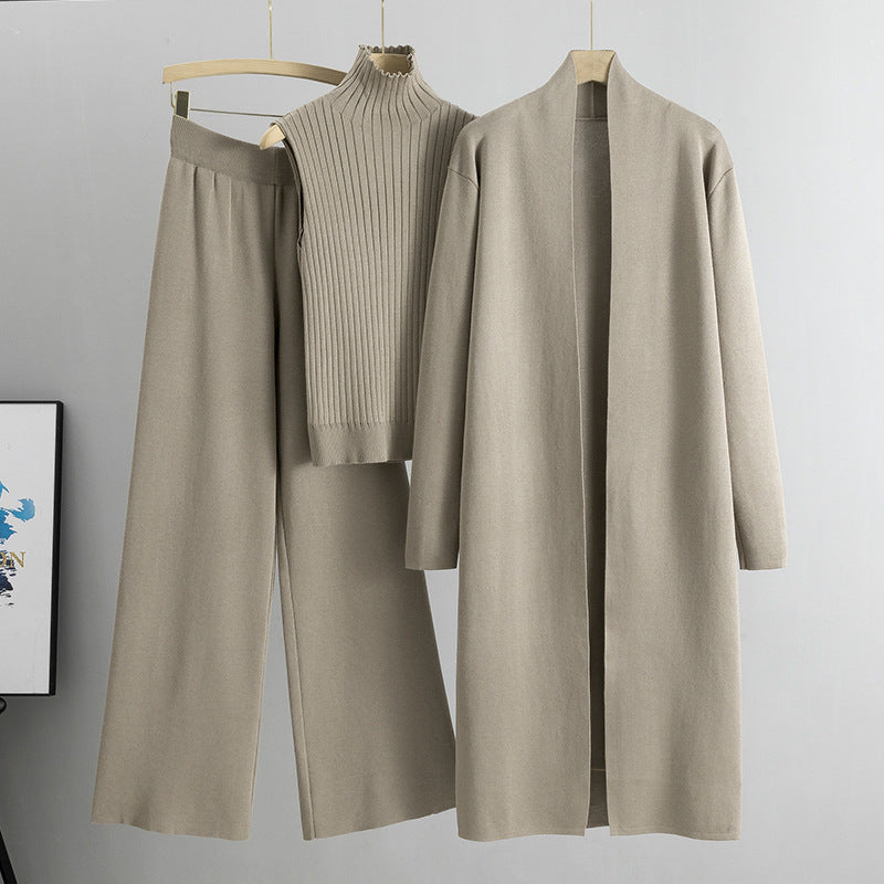 Knitting Suit Women Shawl Turtleneck Vest Wide Leg Pants Three Piece Set