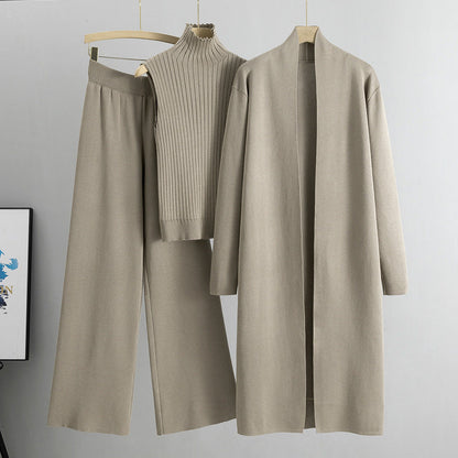 Knitting Suit Women Shawl Turtleneck Vest Wide Leg Pants Three Piece Set