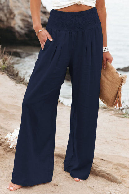 Cotton Linen Elastic Waist Wide Leg Pants
