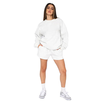 Solid Color Round Neck Long Sleeve Sweater Women Casual Shortt Set
