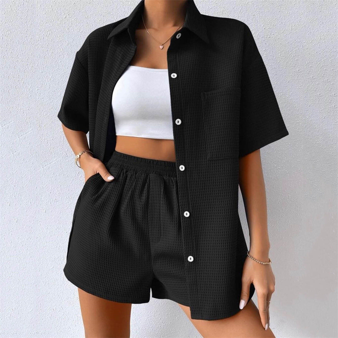 Waffle Loose Casual Short Sleeved Two-Piece Set