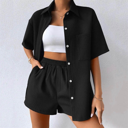 Waffle Loose Casual Short Sleeved Two-Piece Set