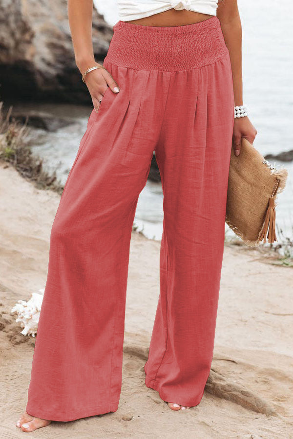 Cotton Linen Elastic Waist Wide Leg Pants