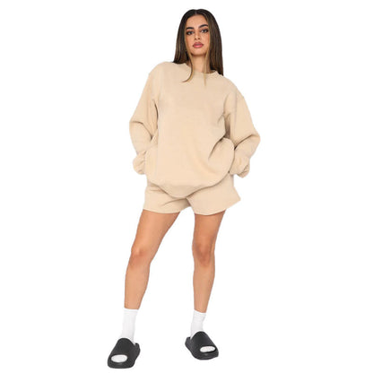 Solid Color Round Neck Long Sleeve Sweater Women Casual Shortt Set