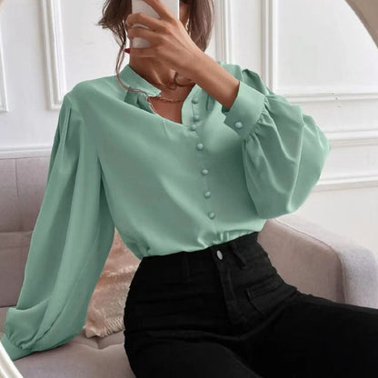 Elegant Solid Color Collared Long Sleeve Top