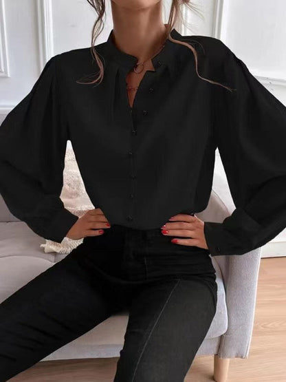 Elegant Solid Color Collared Long Sleeve Top