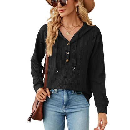 Solid Color Hooded Button Long Sleeve