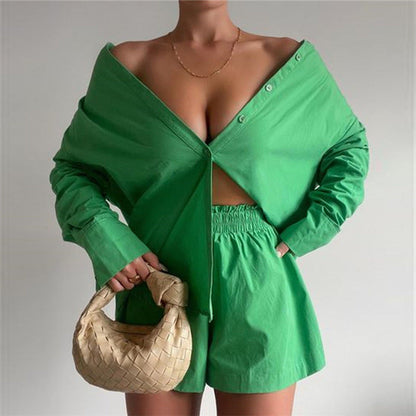 Two Piece Set Solid Color Single Breasted Long Sleeve Collared Shirt Shorts Loose Casual Set