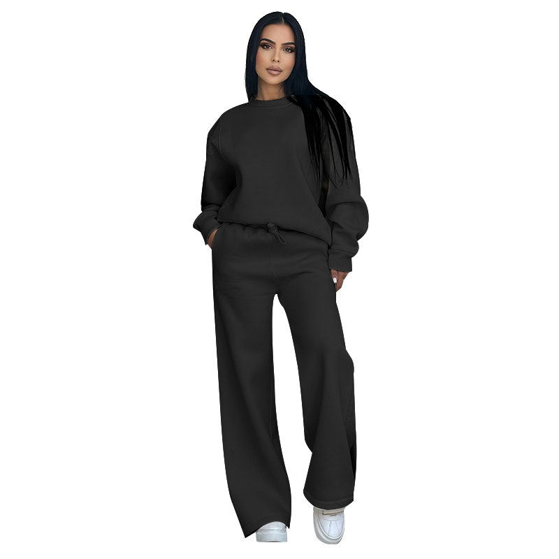 Solid Color Round Neck Long Sleeve Wide Leg Pants Suit