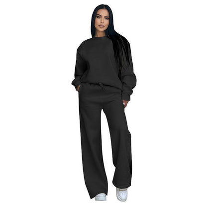 Solid Color Round Neck Long Sleeve Wide Leg Pants Suit