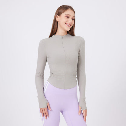 Small Waist Half Zipper Long Sleeve Blouse