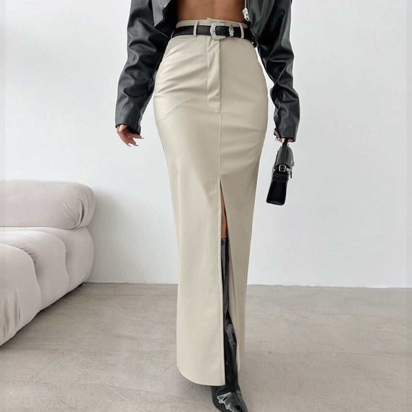 Elegant Fleece Lined Matte High Waist Slim Fit Slit Straight Skirt