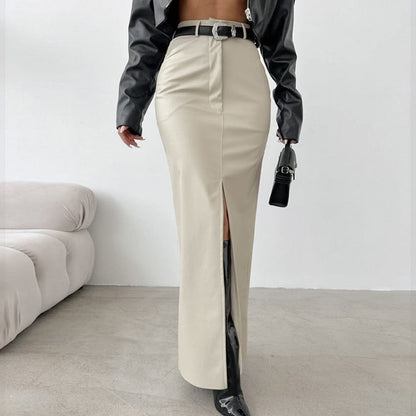 Elegant Fleece Lined Matte High Waist Slim Fit Slit Straight Skirt