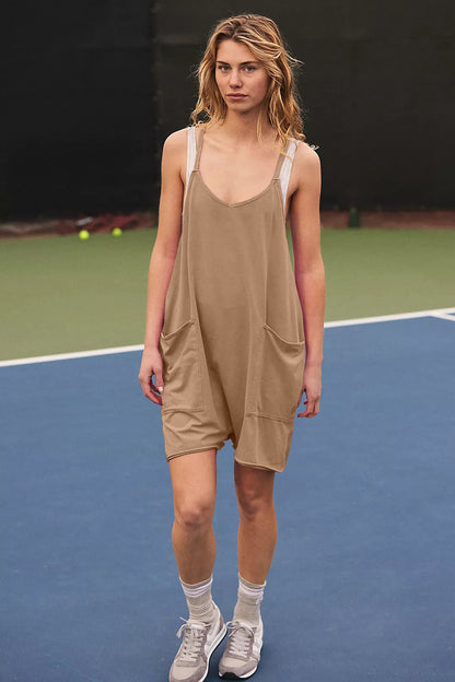Casual Pocket Spaghetti Straps Knitted Shorts Jumpsuit