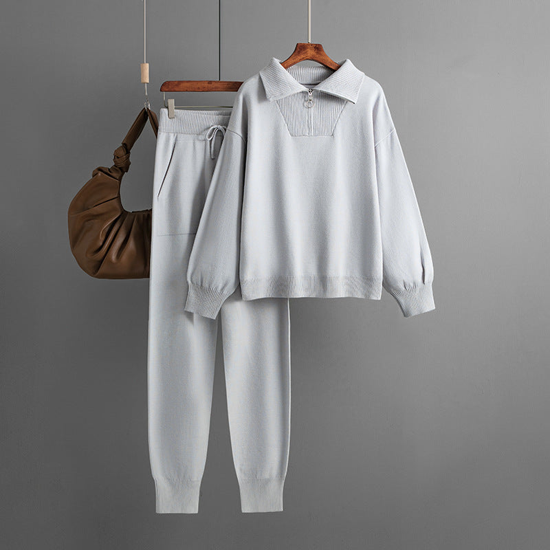 Polo Collar Sweater Casual Knitted Two-Piece
