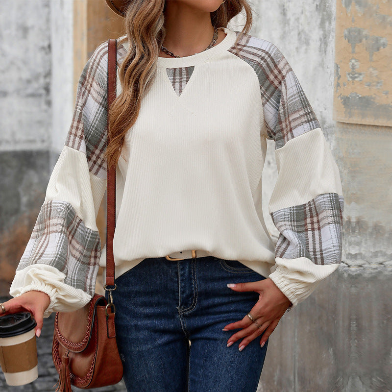 Casual Plaid Colorblock Round Neck Sweatshirt