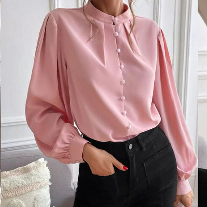 Elegant Solid Color Collared Long Sleeve Top