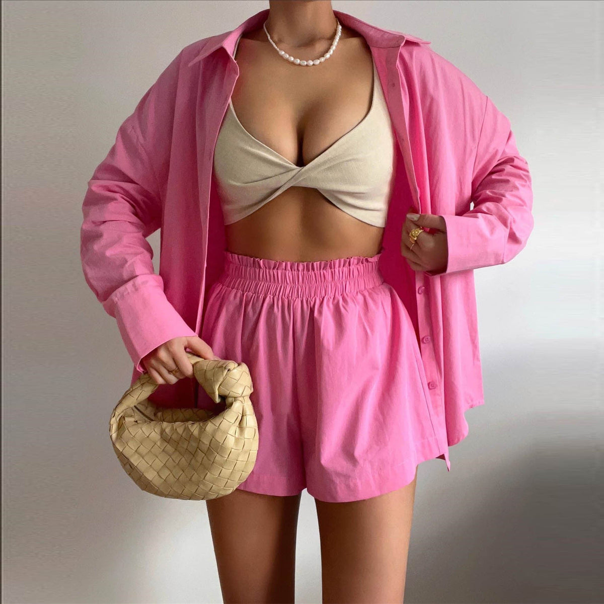 Two Piece Set Solid Color Single Breasted Long Sleeve Collared Shirt Shorts Loose Casual Set