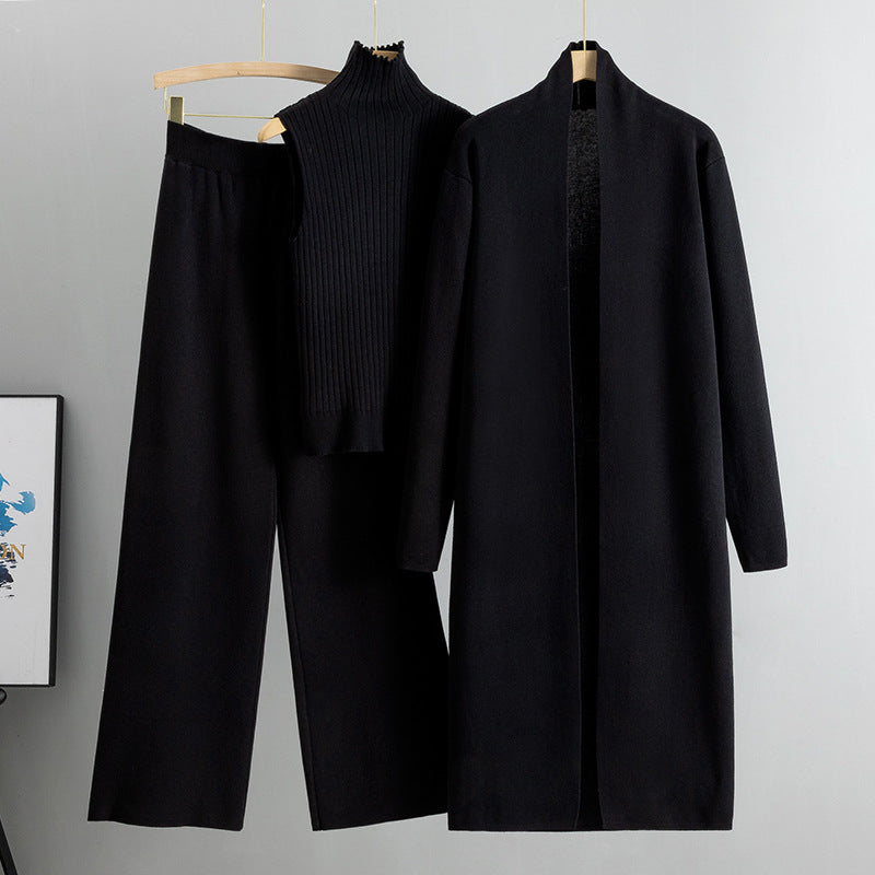 Knitting Suit Women Shawl Turtleneck Vest Wide Leg Pants Three Piece Set
