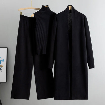 Knitting Suit Women Shawl Turtleneck Vest Wide Leg Pants Three Piece Set