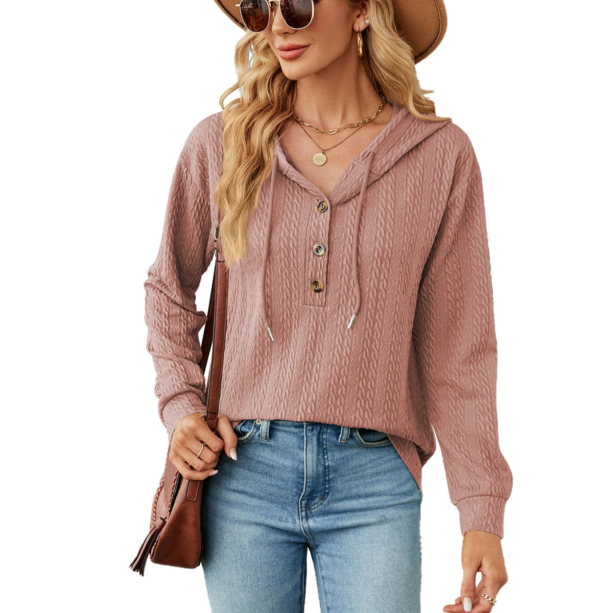 Solid Color Hooded Button Long Sleeve